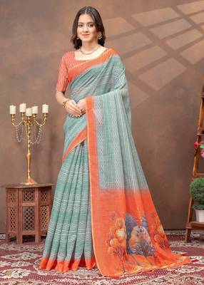 sea green colour Linen cotton ready to wear saree with unstitched blouse 1