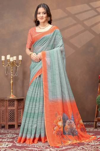 sea green colour Linen cotton ready to wear saree with unstitched blouse
