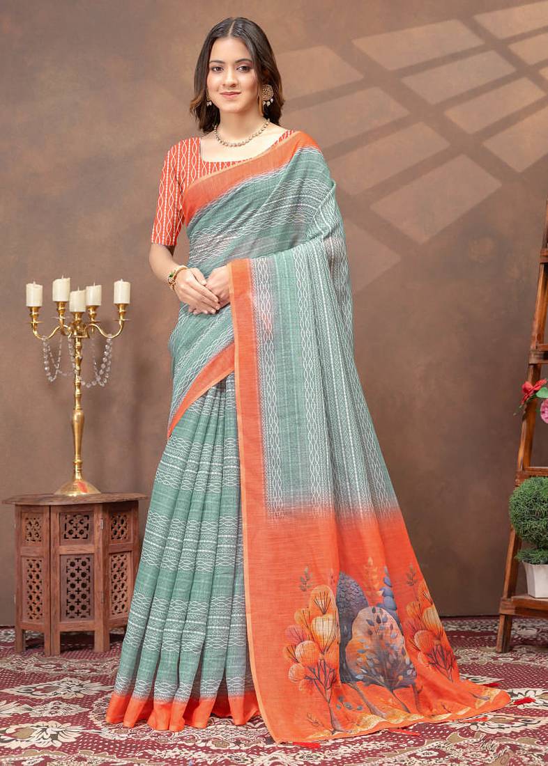 sea green colour Linen cotton ready to wear saree with unstitched blouse