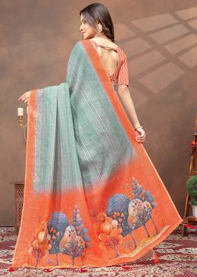 sea green colour Linen cotton ready to wear saree with unstitched blouse 3