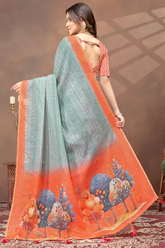sea green colour Linen cotton ready to wear saree with unstitched blouse