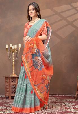 sea green colour Linen cotton ready to wear saree with unstitched blouse 4