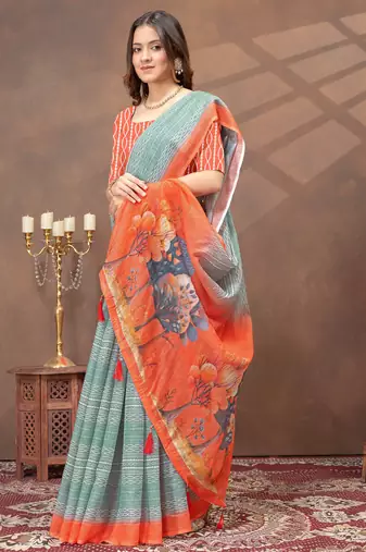 sea green colour Linen cotton ready to wear saree with unstitched blouse