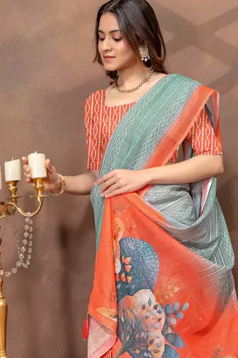 sea green colour Linen cotton ready to wear saree with unstitched blouse