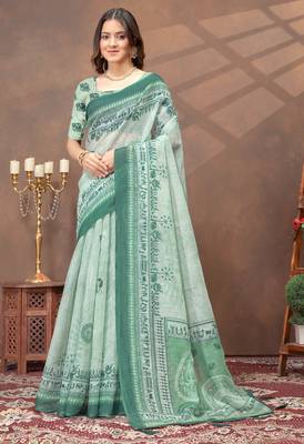 light green colour Linen cotton ready to wear saree with unstitched blouse 1