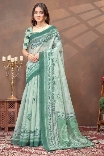 light green colour Linen cotton ready to wear saree with unstitched blouse
