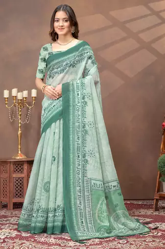 light green colour Linen cotton ready to wear saree with unstitched blouse
