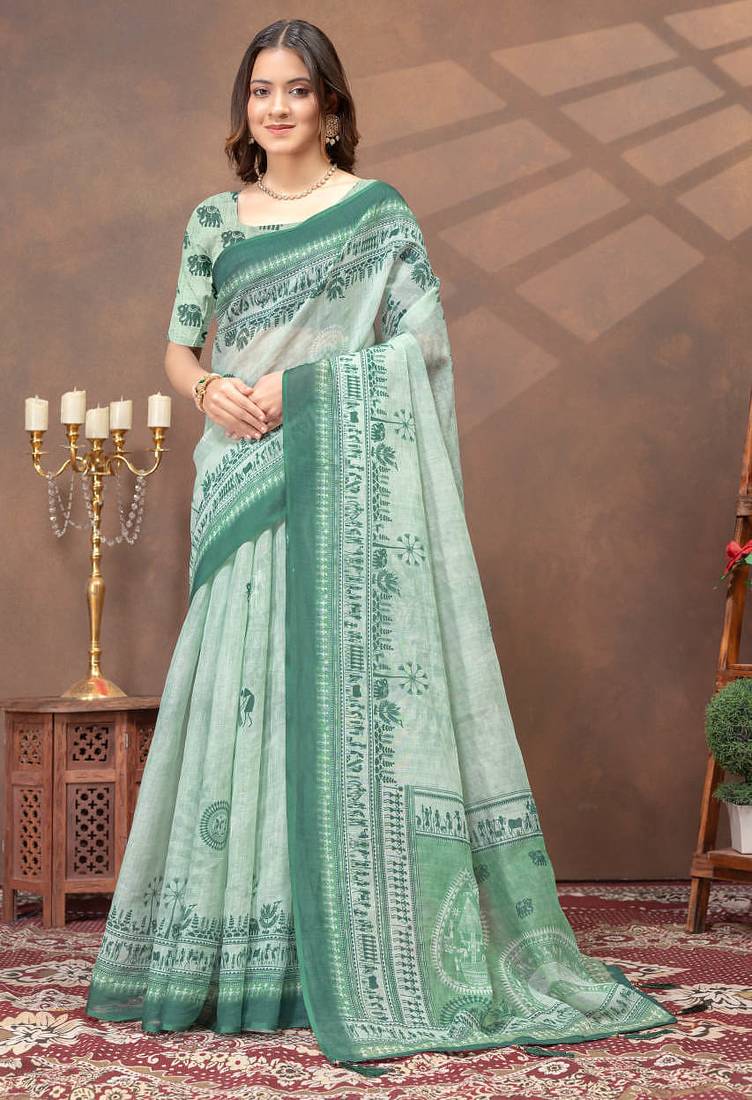 light green colour Linen cotton ready to wear saree with unstitched blouse