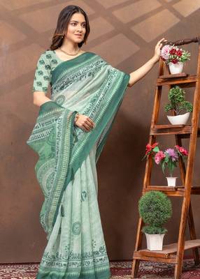 light green colour Linen cotton ready to wear saree with unstitched blouse 4