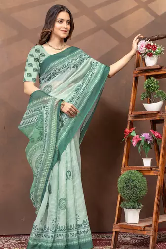 light green colour Linen cotton ready to wear saree with unstitched blouse
