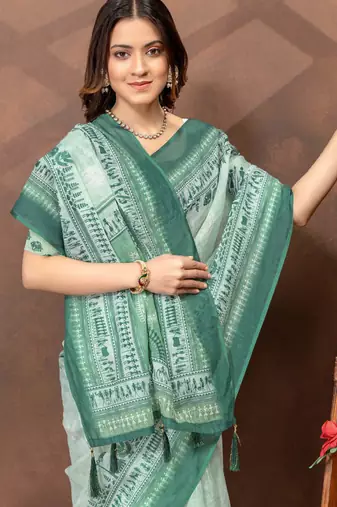 light green colour Linen cotton ready to wear saree with unstitched blouse