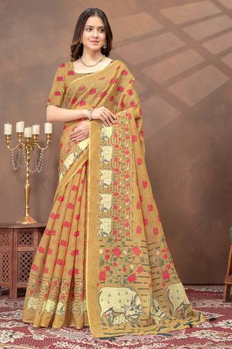 beige colour Linen cotton ready to wear saree with unstitched blouse