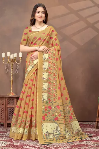 beige colour Linen cotton ready to wear saree with unstitched blouse