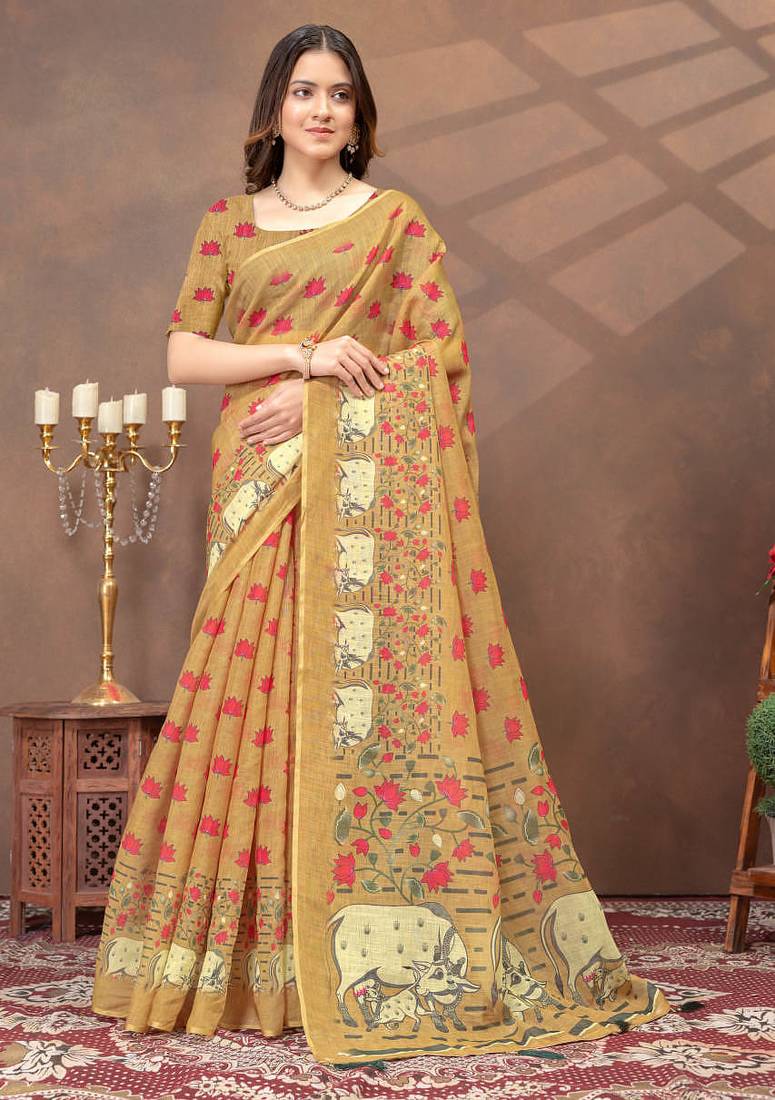 beige colour Linen cotton ready to wear saree with unstitched blouse