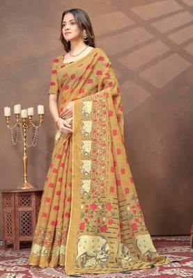 beige colour Linen cotton Ready to Drape saree with unstitched blouse 2