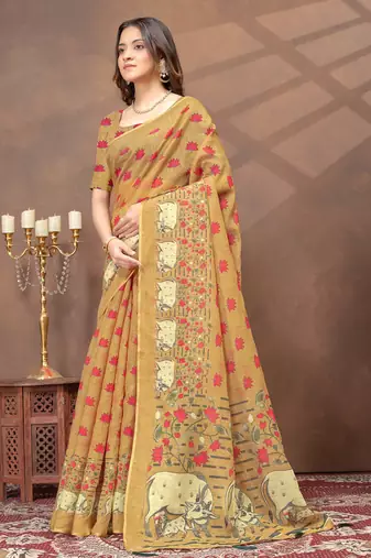 beige colour Linen cotton Ready to Drape saree with unstitched blouse