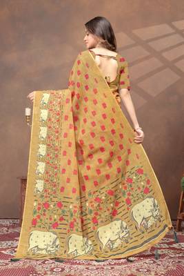 beige colour Linen cotton Ready to Drape saree with unstitched blouse 3