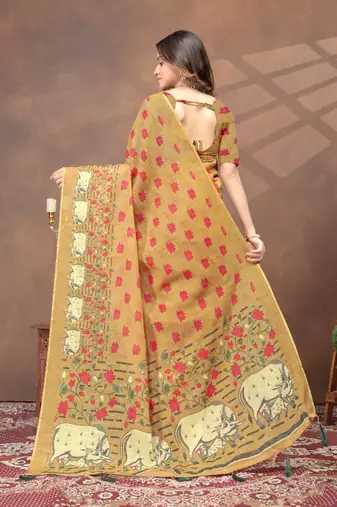 beige colour Linen cotton Ready to Drape saree with unstitched blouse