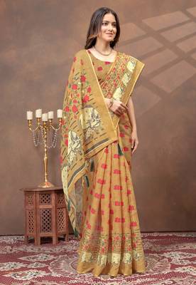 beige colour Linen cotton Ready to Drape saree with unstitched blouse 4