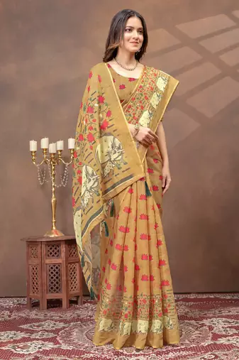 beige colour Linen cotton Ready to Drape saree with unstitched blouse