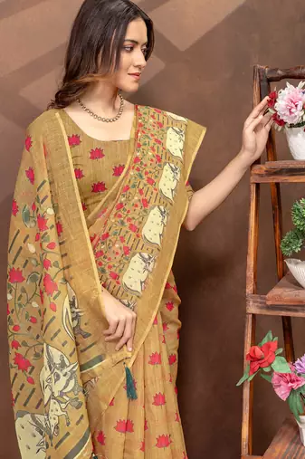 beige colour Linen cotton Ready to Drape saree with unstitched blouse