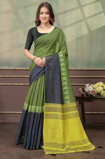 olive colour Linen cotton ready to wear saree with unstitched blouse