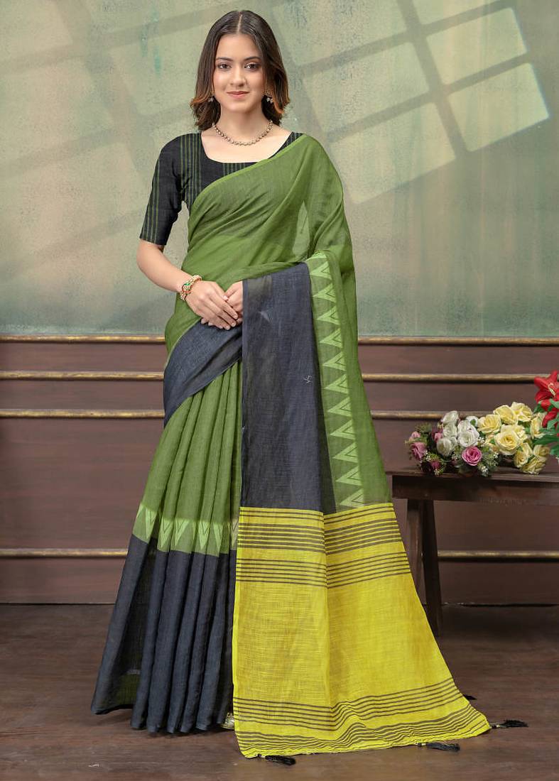 olive colour Linen cotton ready to wear saree with unstitched blouse