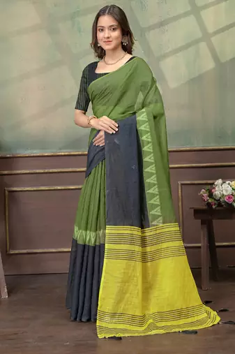 olive colour Linen cotton Ready to Drape saree with unstitched blouse