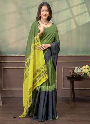 olive colour Linen cotton Ready to Drape saree with unstitched blouse 4