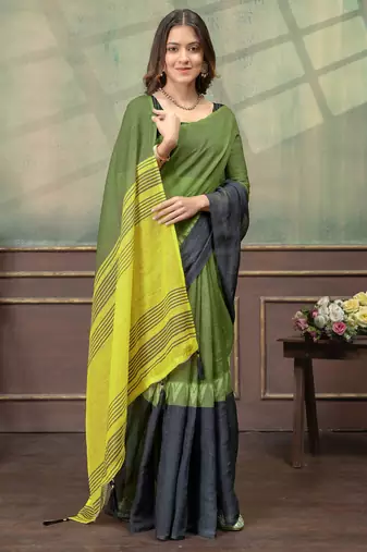 olive colour Linen cotton Ready to Drape saree with unstitched blouse