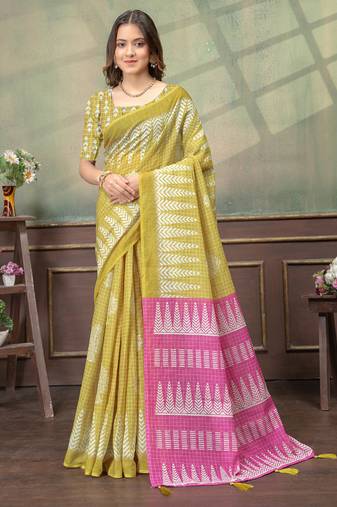 gold colour Linen cotton ready to wear saree with unstitched blouse