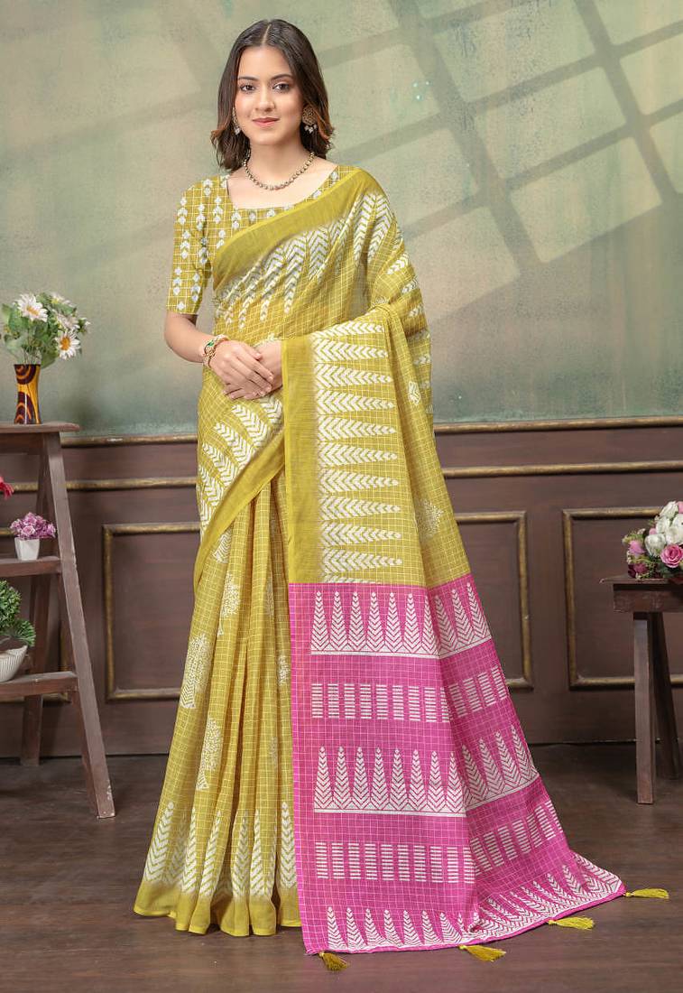 gold colour Linen cotton ready to wear saree with unstitched blouse