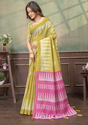 gold colour Linen cotton Ready to Drape saree with unstitched blouse 2
