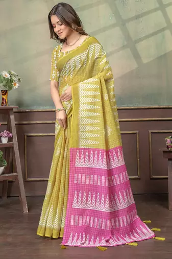 gold colour Linen cotton Ready to Drape saree with unstitched blouse