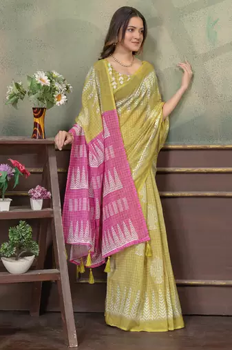 gold colour Linen cotton Ready to Drape saree with unstitched blouse