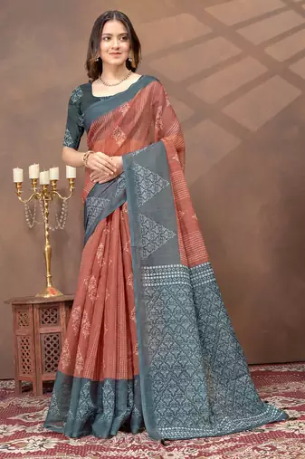 beige colour Linen cotton ready to wear saree with unstitched blouse