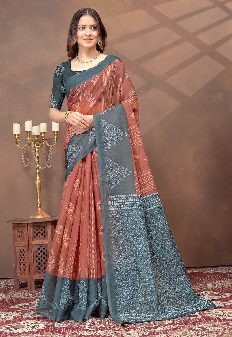 beige colour Linen cotton ready to wear saree with unstitched blouse