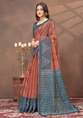 beige colour Linen cotton Ready to Drape saree with unstitched blouse 2
