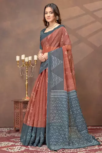 beige colour Linen cotton Ready to Drape saree with unstitched blouse