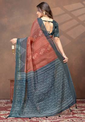 beige colour Linen cotton Ready to Drape saree with unstitched blouse 3
