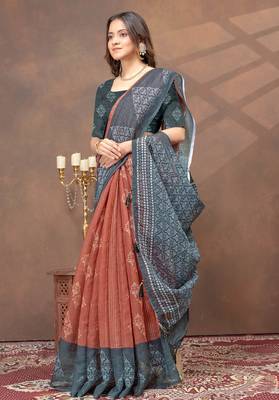 beige colour Linen cotton Ready to Drape saree with unstitched blouse 4