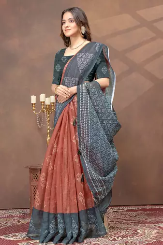 beige colour Linen cotton Ready to Drape saree with unstitched blouse