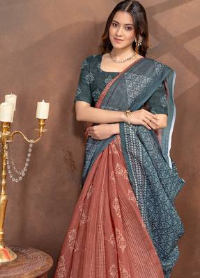 beige colour Linen cotton Ready to Drape saree with unstitched blouse 5