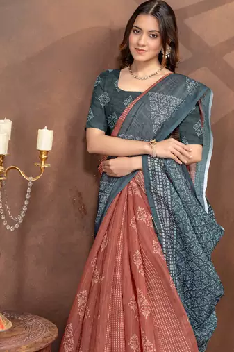 beige colour Linen cotton Ready to Drape saree with unstitched blouse