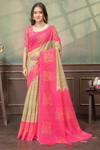 beige and pink colour Linen cotton ready to wear saree with unstitched blouse
