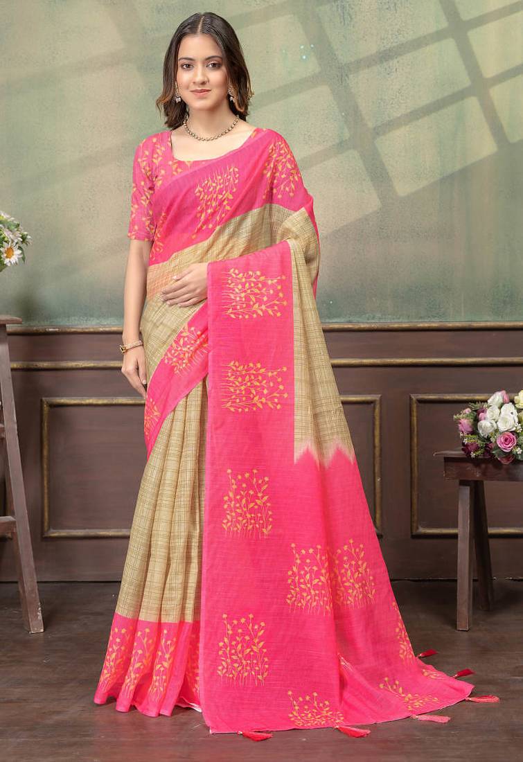 beige and pink colour Linen cotton ready to wear saree with unstitched blouse