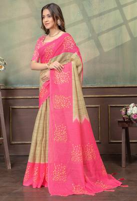 beige and pink colour Linen cotton Instant Wear  saree with unstitched blouse 2