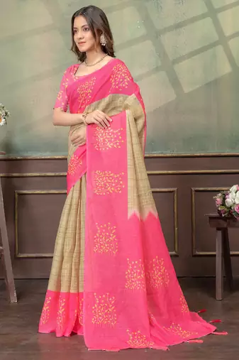 beige and pink colour Linen cotton Instant Wear  saree with unstitched blouse