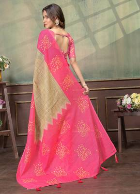 beige and pink colour Linen cotton Instant Wear  saree with unstitched blouse 3