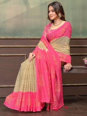 beige and pink colour Linen cotton Instant Wear  saree with unstitched blouse 4